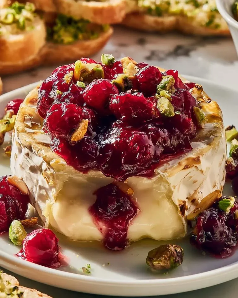 Baked Brie with Cranberry Sauce topped with chopped pistachios, served on a white plate with toasted bread in background.