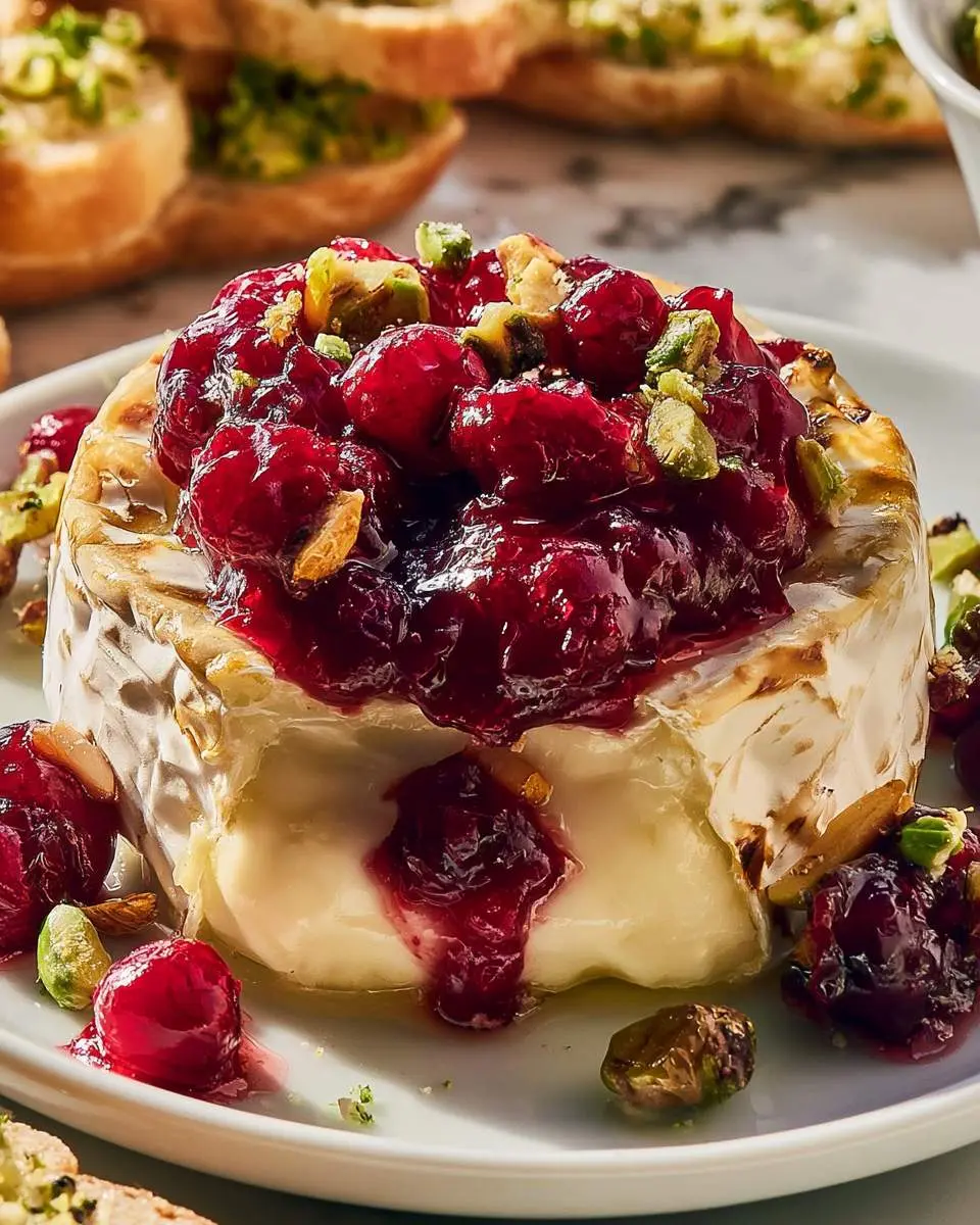 Baked Brie with Cranberry Sauce topped with chopped pistachios, served on a white plate with toasted bread in background.