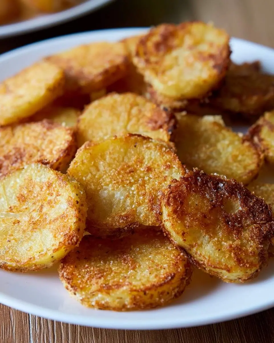 Golden crispy Baked Potato Rounds stacked on a white plate, showing their crunchy seasoned exterior.