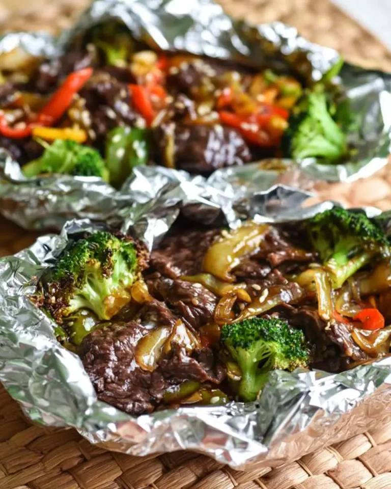 Two open Beef Teriyaki Foil Packets filled with sliced beef, broccoli, onions, and peppers on a woven mat.