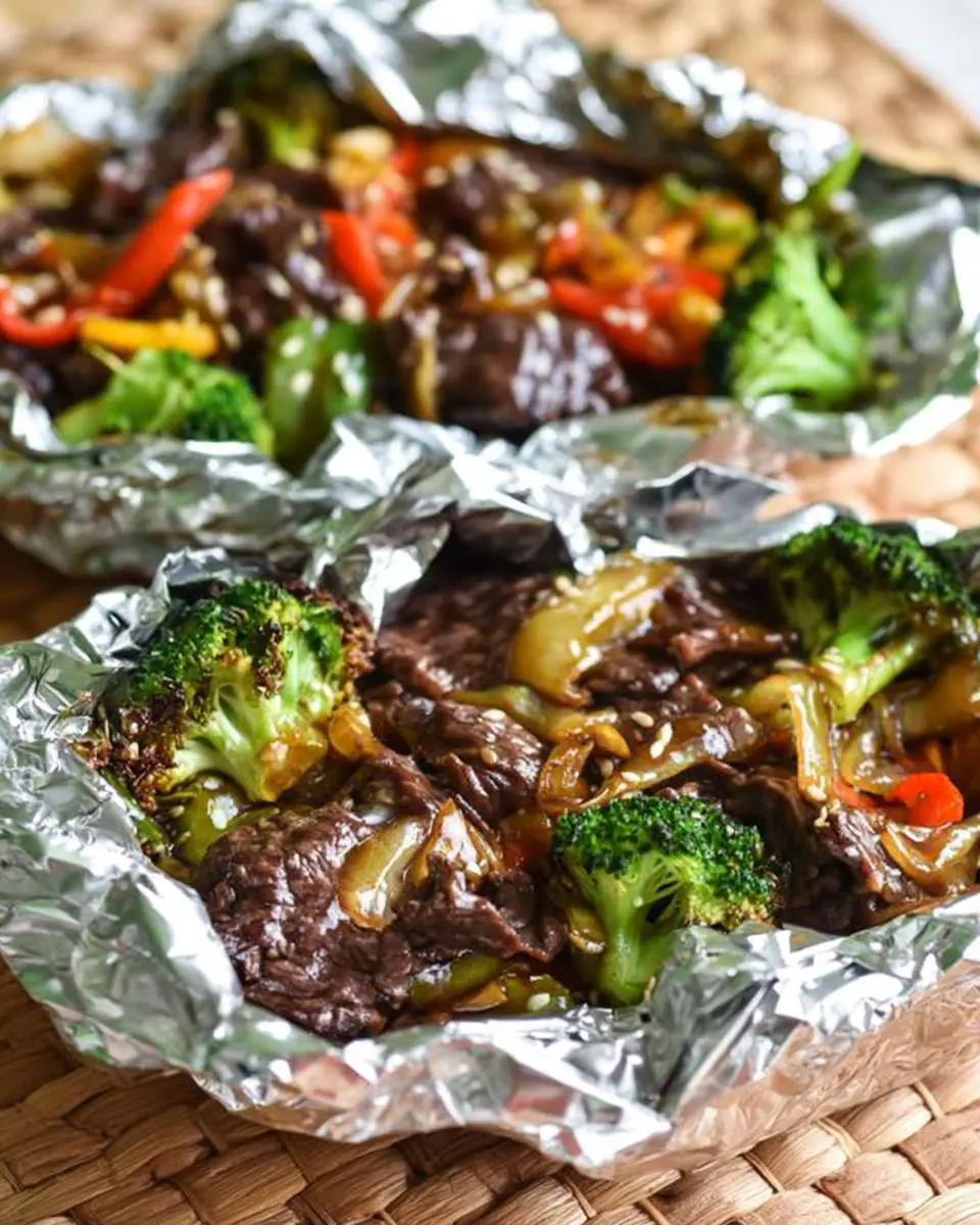 Two open Beef Teriyaki Foil Packets filled with sliced beef, broccoli, onions, and peppers on a woven mat.