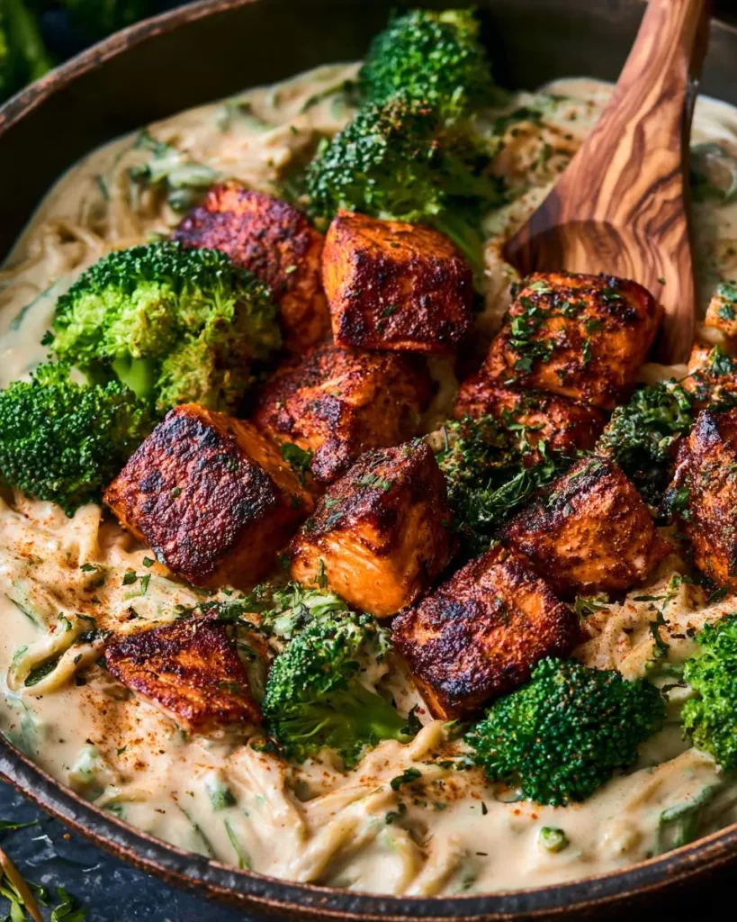Blackened Salmon and Broccoli Alfredo pasta in a creamy sauce with a wooden spoon.