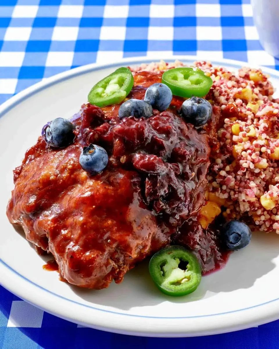Blueberry Jalapeno Chicken topped with fresh blueberries and sliced jalapenos, served with colorful couscous on a white plate.
