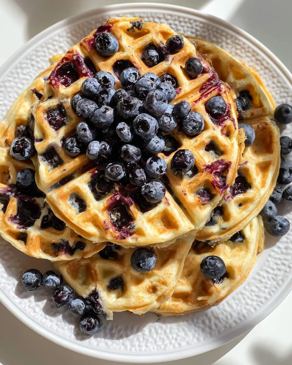 A stack of golden blueberry waffles topped with fresh blueberries on a white plate.