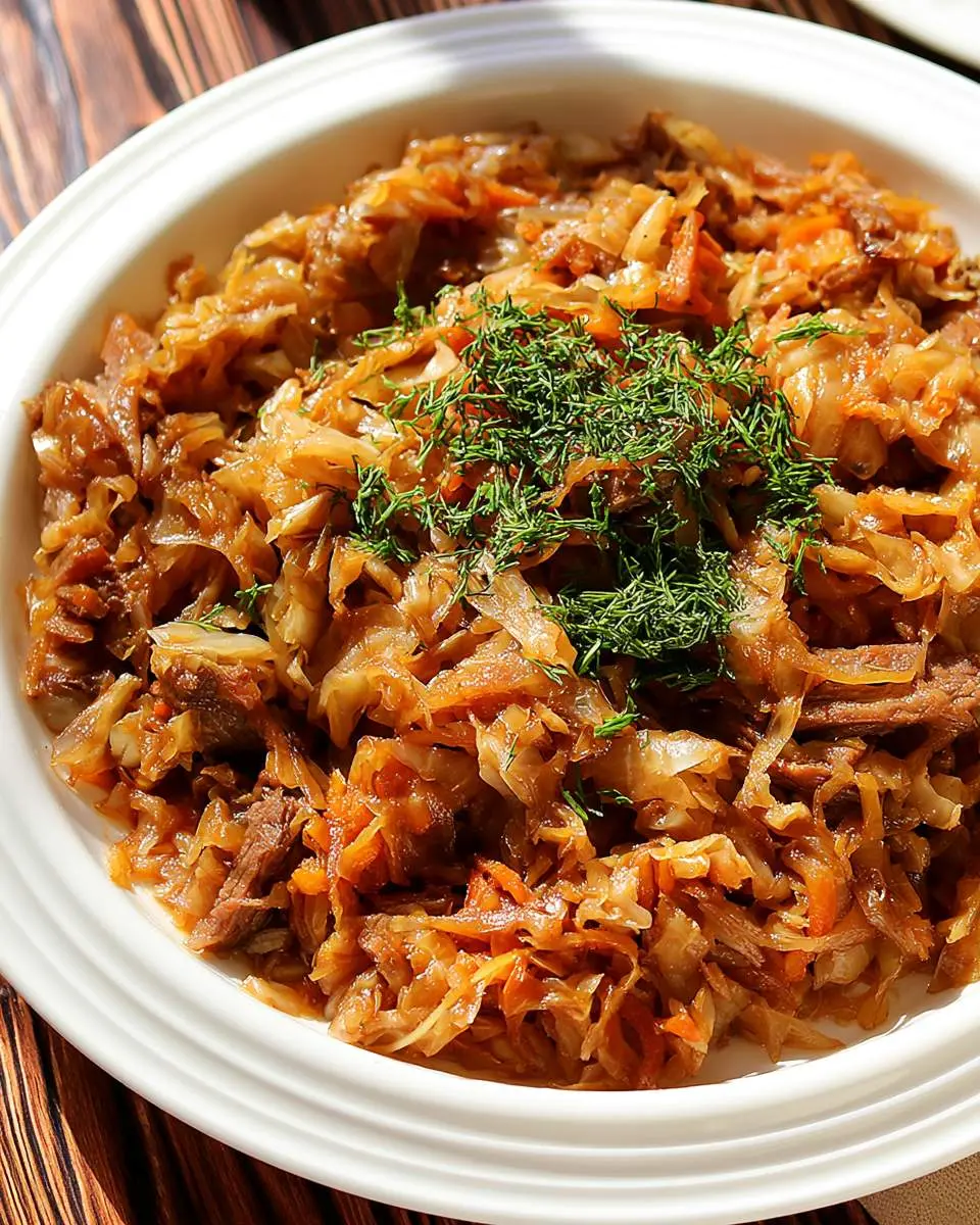 A white bowl filled with Braised Cabbage with Beef topped with fresh dill on a wooden table.
