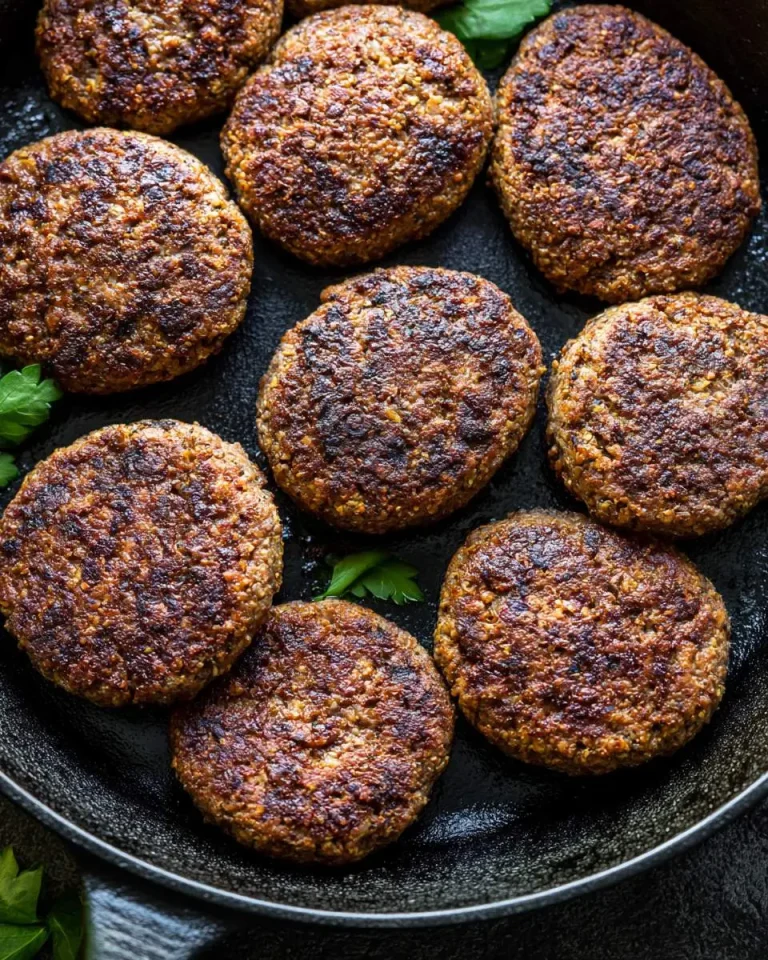 Golden brown Buckwheat Meat Patties arranged in a black cast iron skillet with fresh herbs.