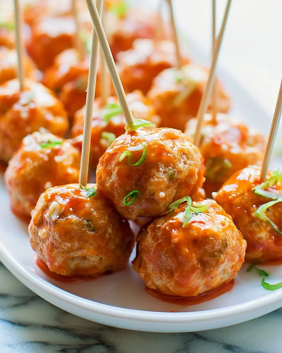 Buffalo Chicken Meatballs on toothpicks, coated in spicy orange sauce and garnished with green onions on a white plate.