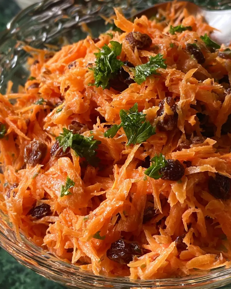A glass bowl filled with fresh Carrot and Raisin Salad topped with chopped parsley.