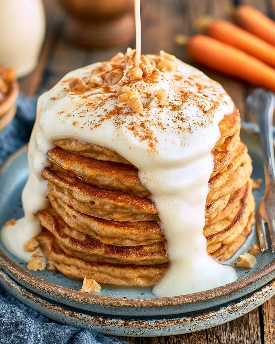 A tall stack of Carrot Cake Pancakes topped with cream cheese glaze, walnuts, and cinnamon being drizzled with more icing.