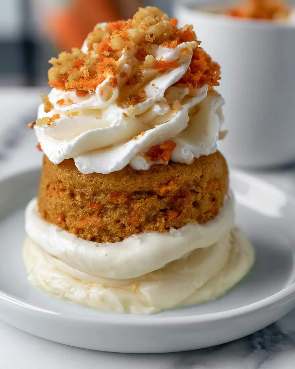 A single-serving Carrot Mug Cake layered with cream cheese frosting and topped with whipped cream, walnuts, and carrot shavings.