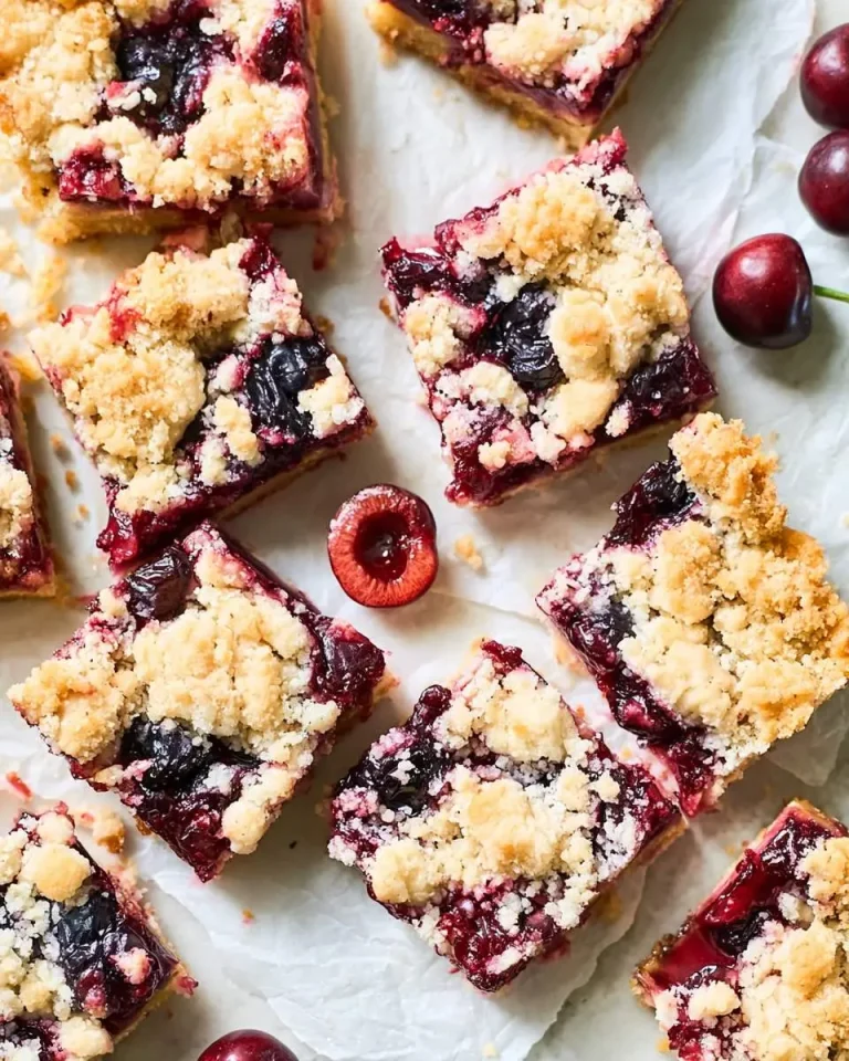 Square Cherry Kuchen Bars with crumbly streusel topping arranged on parchment paper with fresh cherries scattered around.