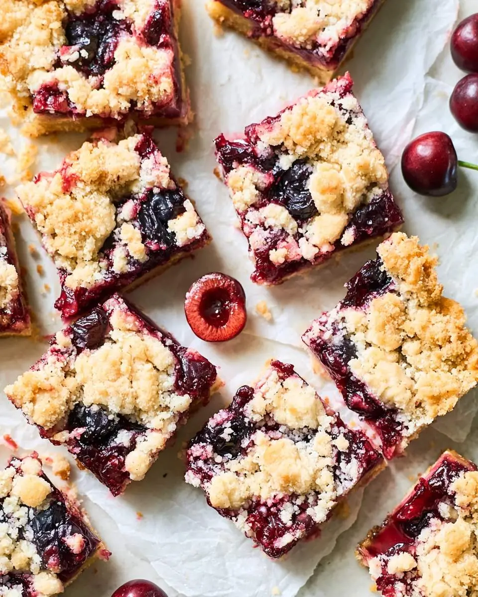 Square Cherry Kuchen Bars with crumbly streusel topping arranged on parchment paper with fresh cherries scattered around.