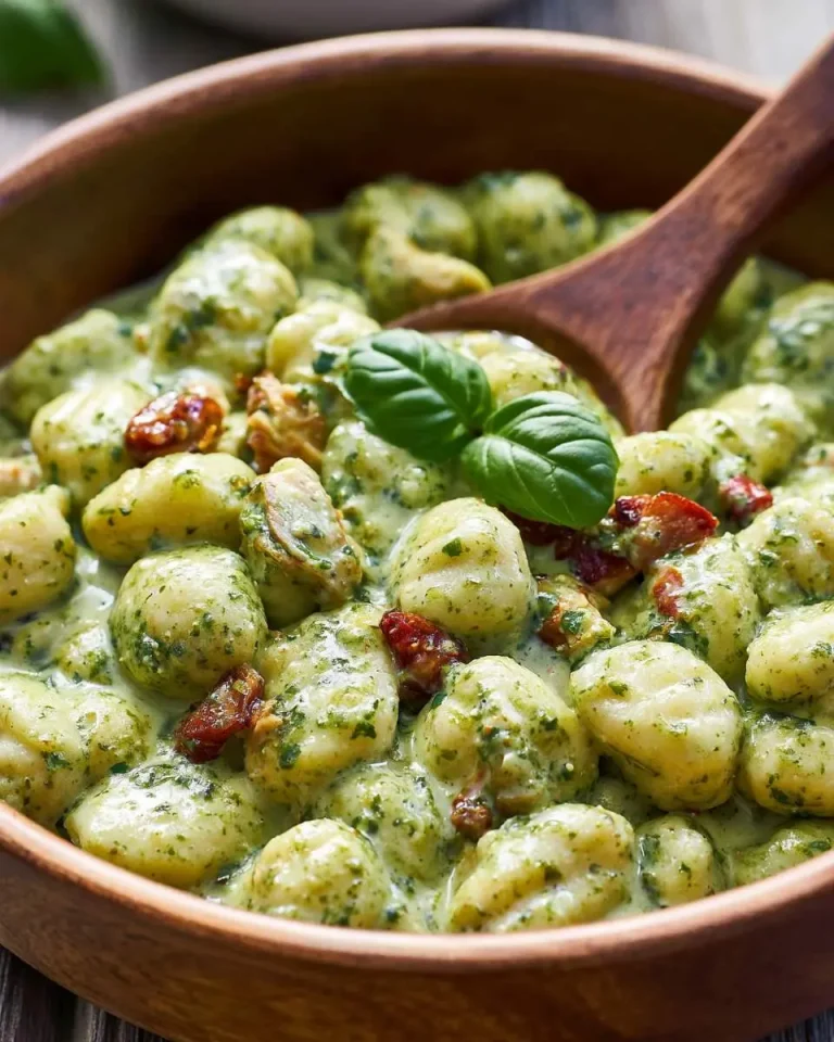Creamy Chicken Pesto Gnocchi in a wooden bowl with sun-dried tomatoes and fresh basil garnish.