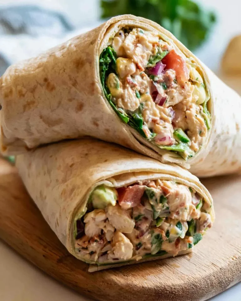 Two Chicken Ranch Wraps stacked on a wooden board, cut in half to show creamy filling with chicken, vegetables, and greens.