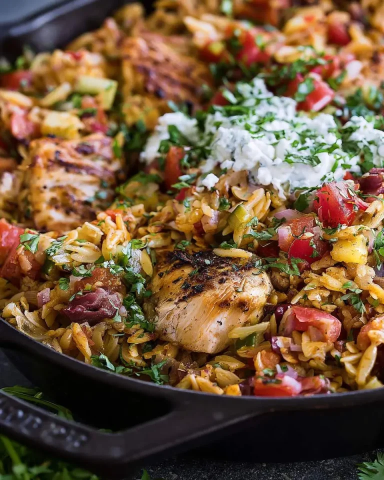 Chicken Shawarma Orzo Skillet with grilled chicken, tomatoes, olives, herbs, and crumbled feta cheese in a cast iron pan.