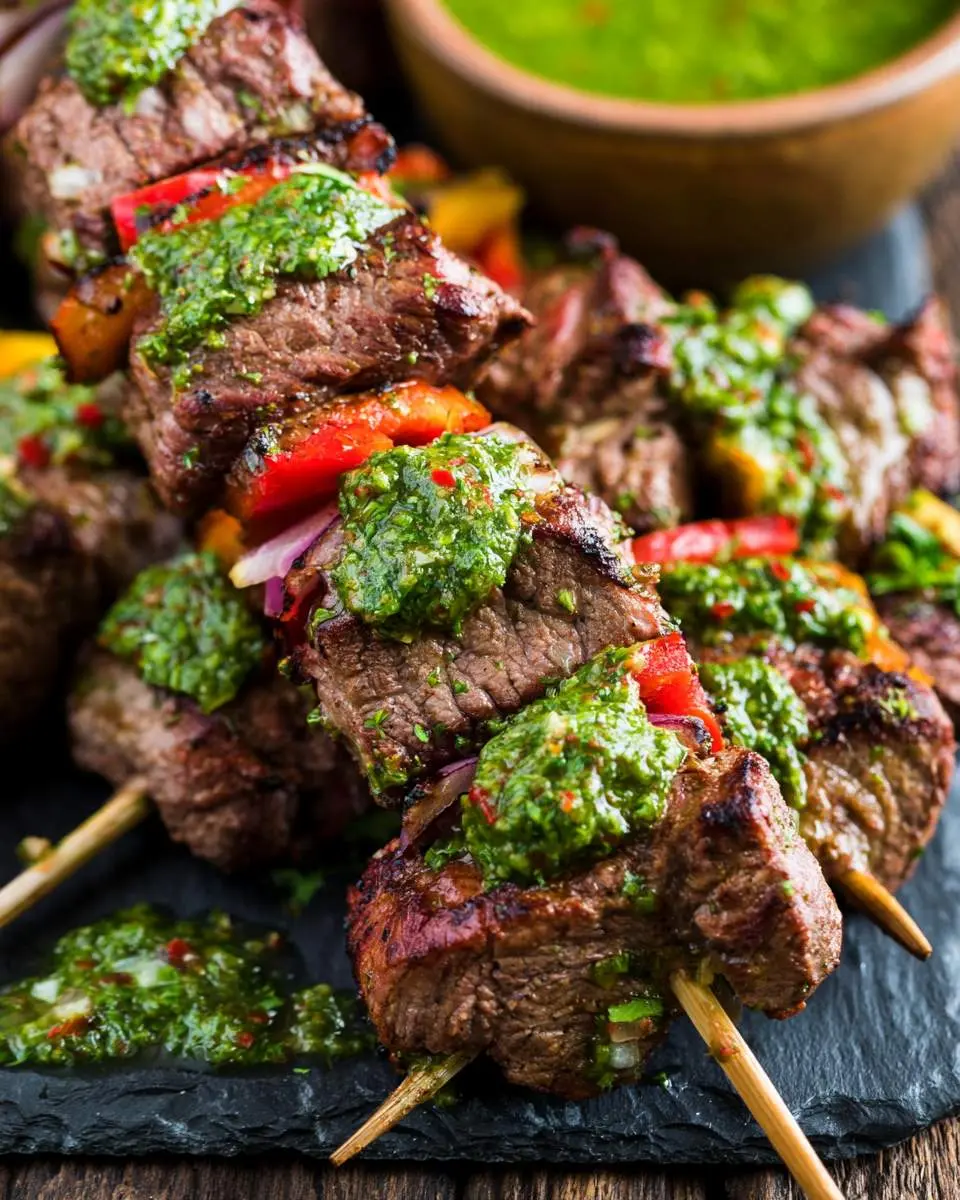 Grilled Chimichurri Steak Skewers with charred beef cubes, colorful bell peppers, and red onion drizzled with fresh green chimichurri sauce.