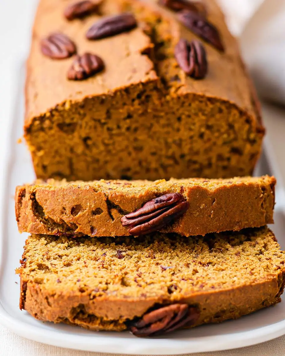 A loaf of Coconut Flour Pumpkin Bread topped with pecans, with two slices cut and stacked on a white plate.