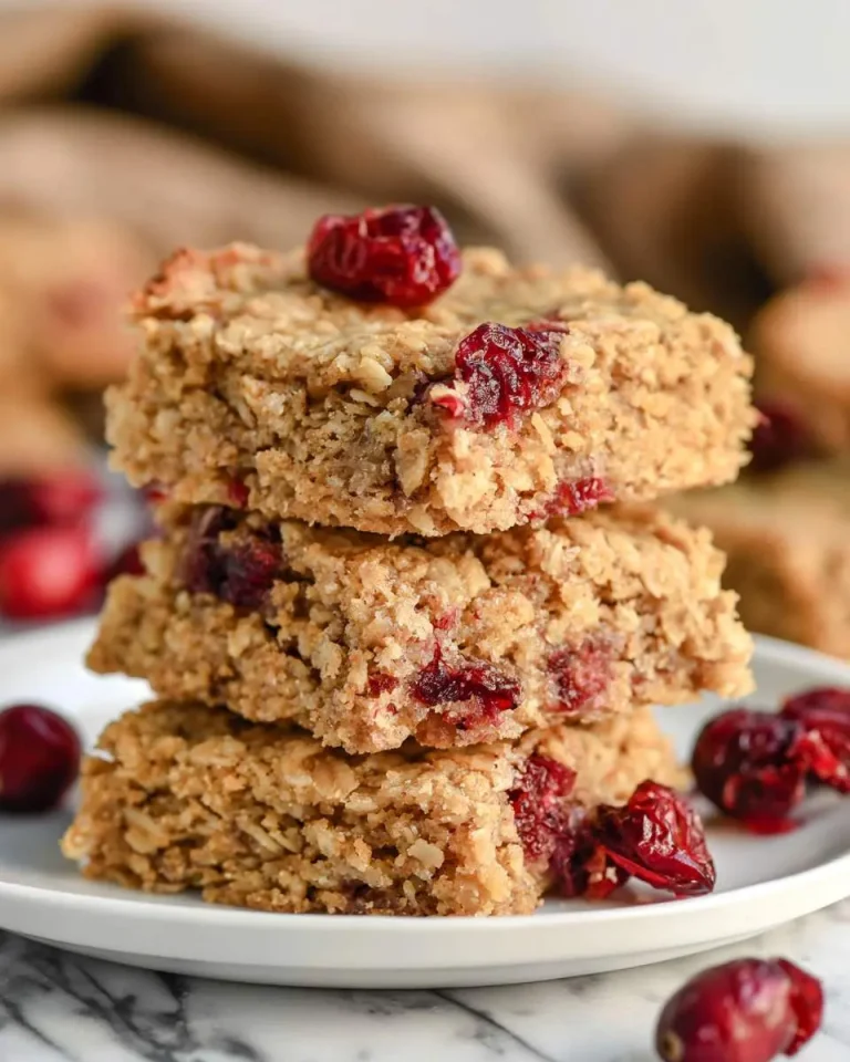 Stack of homemade Cranberry Oat Bars on a white plate with fresh cranberries scattered around.