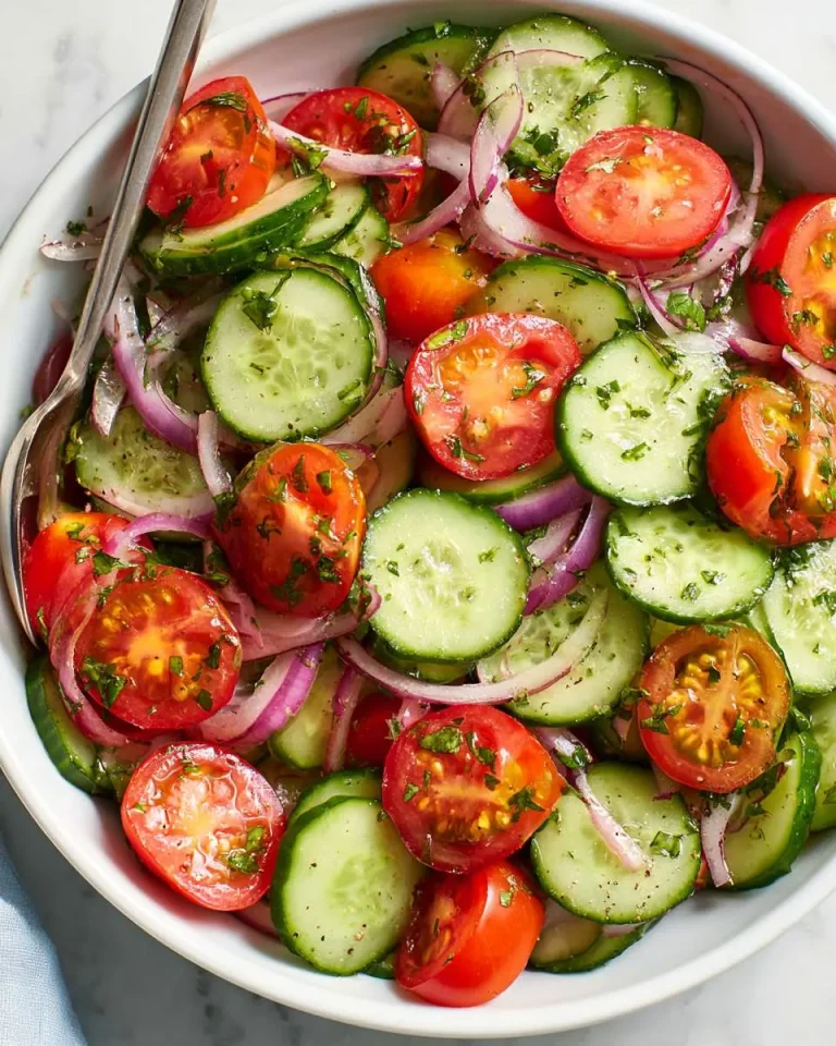 Fresh Cucumber Tomato Salad with sliced cucumbers, cherry tomatoes, and red onions in a white bowl with a serving spoon.