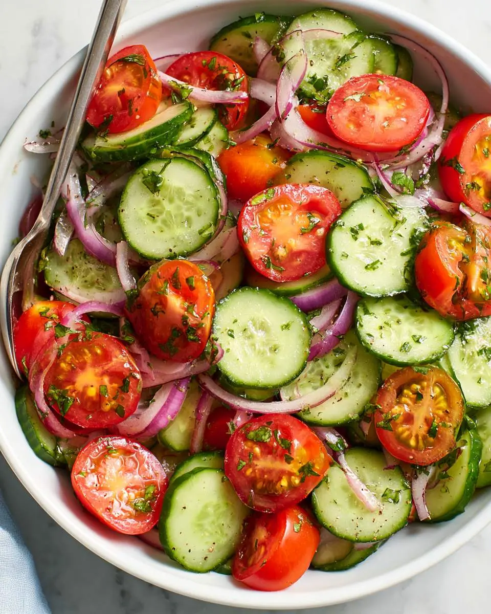 Fresh Cucumber Tomato Salad with sliced cucumbers, cherry tomatoes, and red onions in a white bowl with a serving spoon.