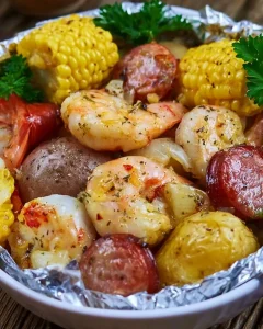 Garlic Shrimp and Sausage Foil Packs with corn, potatoes, and herbs served in a foil-lined bowl.