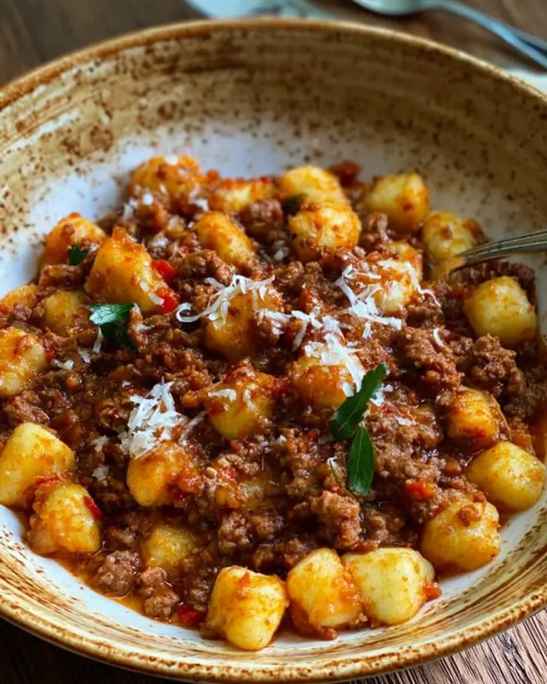 A rustic bowl of Gnocchi Bolognese topped with grated Parmesan and fresh herbs.
