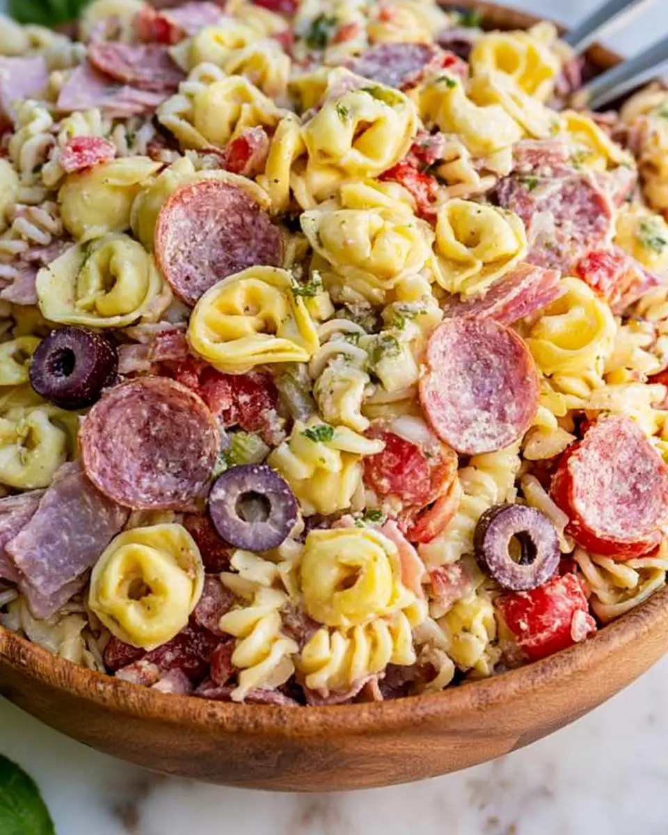 Italian Grinder Tortellini Salad served in a wooden bowl with tortellini, salami, olives, and peppers.