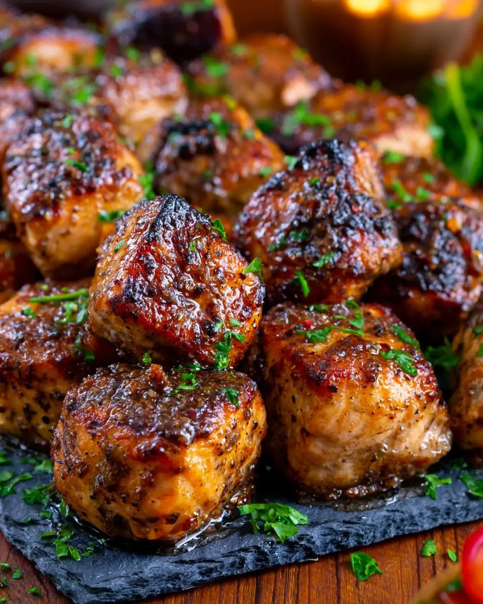Golden brown Jerk Salmon Bites stacked on a slate platter, garnished with fresh herbs and glistening with Caribbean spices.