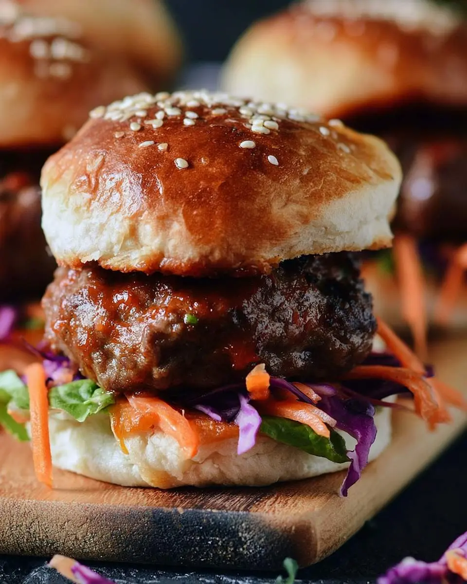 A Korean Beef Burger with a glossy sesame seed bun, thick glazed beef patty, and colorful slaw on a wooden board.