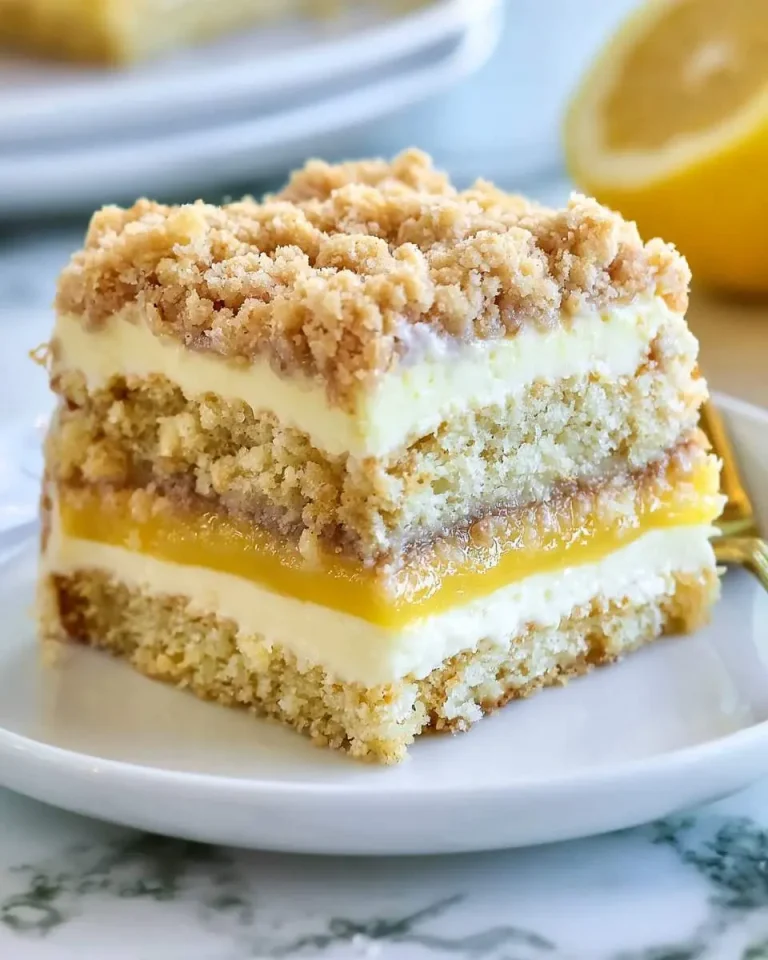 A slice of layered Lemon Coffee Cake with crumb topping, creamy filling, and bright lemon curd on a white plate.