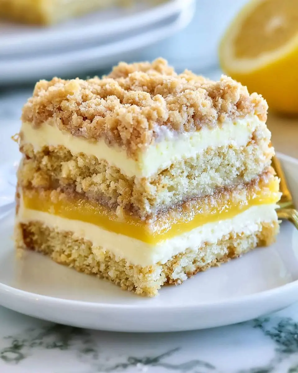 A slice of layered Lemon Coffee Cake with crumb topping, creamy filling, and bright lemon curd on a white plate.