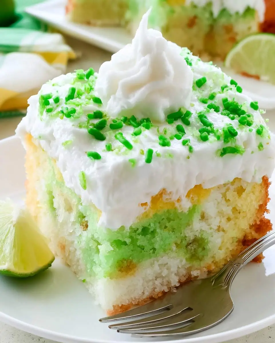 A slice of Lemon Lime Poke Cake topped with whipped cream and green sprinkles on a white plate with a lime wedge.