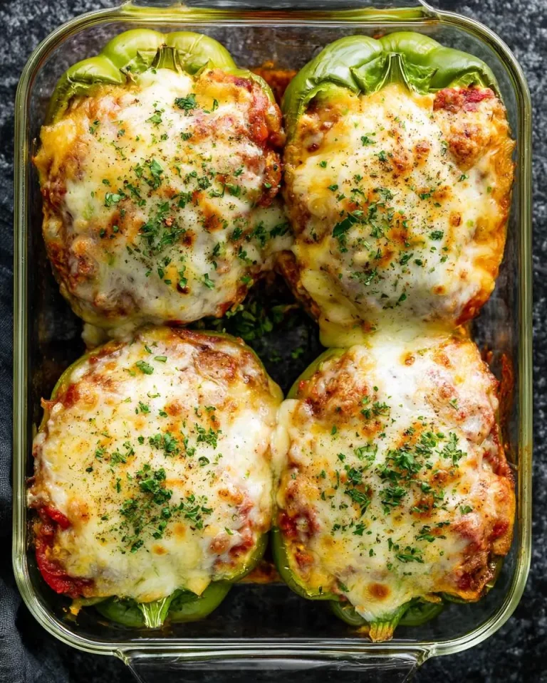 Four Low-Carb Lasagna Stuffed Peppers topped with melted cheese and fresh herbs in a glass baking dish.