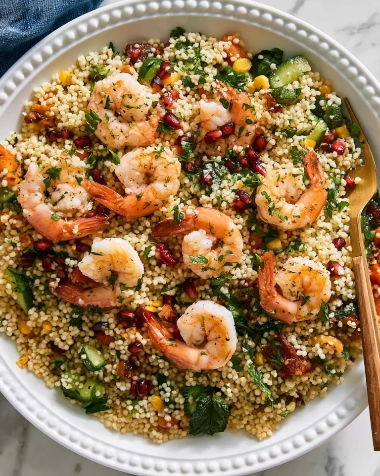 Mediterranean Couscous with Shrimp served in a white bowl with pomegranate seeds, fresh herbs, and vegetables.