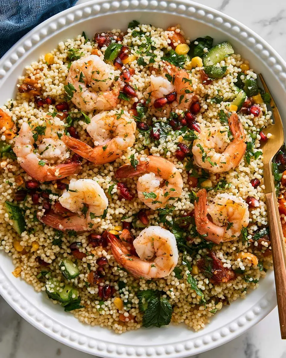 Mediterranean Couscous with Shrimp served in a white bowl with pomegranate seeds, fresh herbs, and vegetables.
