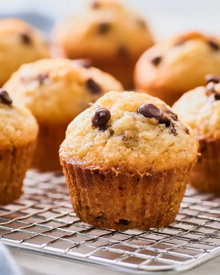 Freshly baked Mini Banana Muffins with chocolate chips cooling on a wire rack.