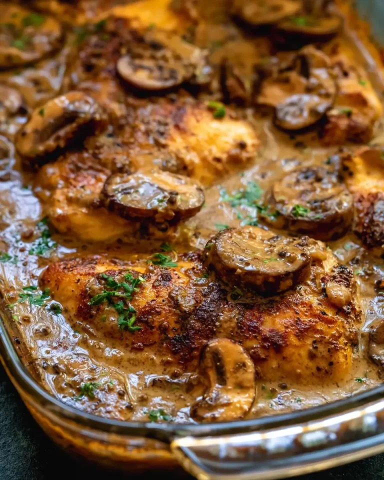 Golden brown Mushroom Peppercorn Chicken in a creamy sauce with sliced mushrooms and herbs in a glass baking dish.