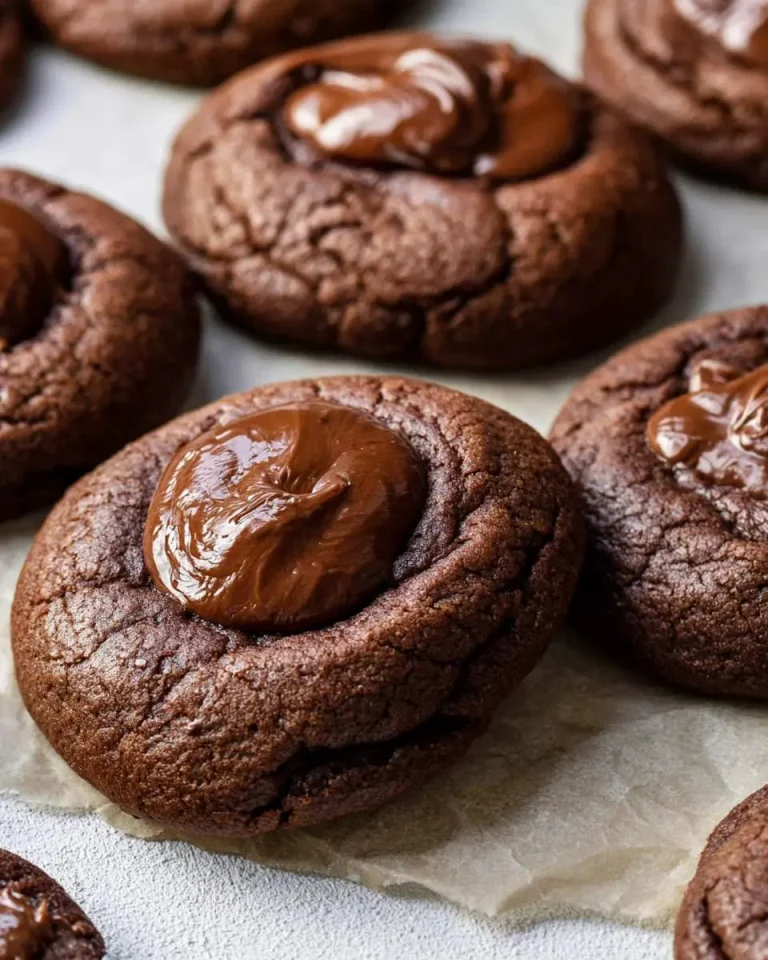 Soft baked Nutella cookies with a glossy chocolate hazelnut center arranged on parchment paper.