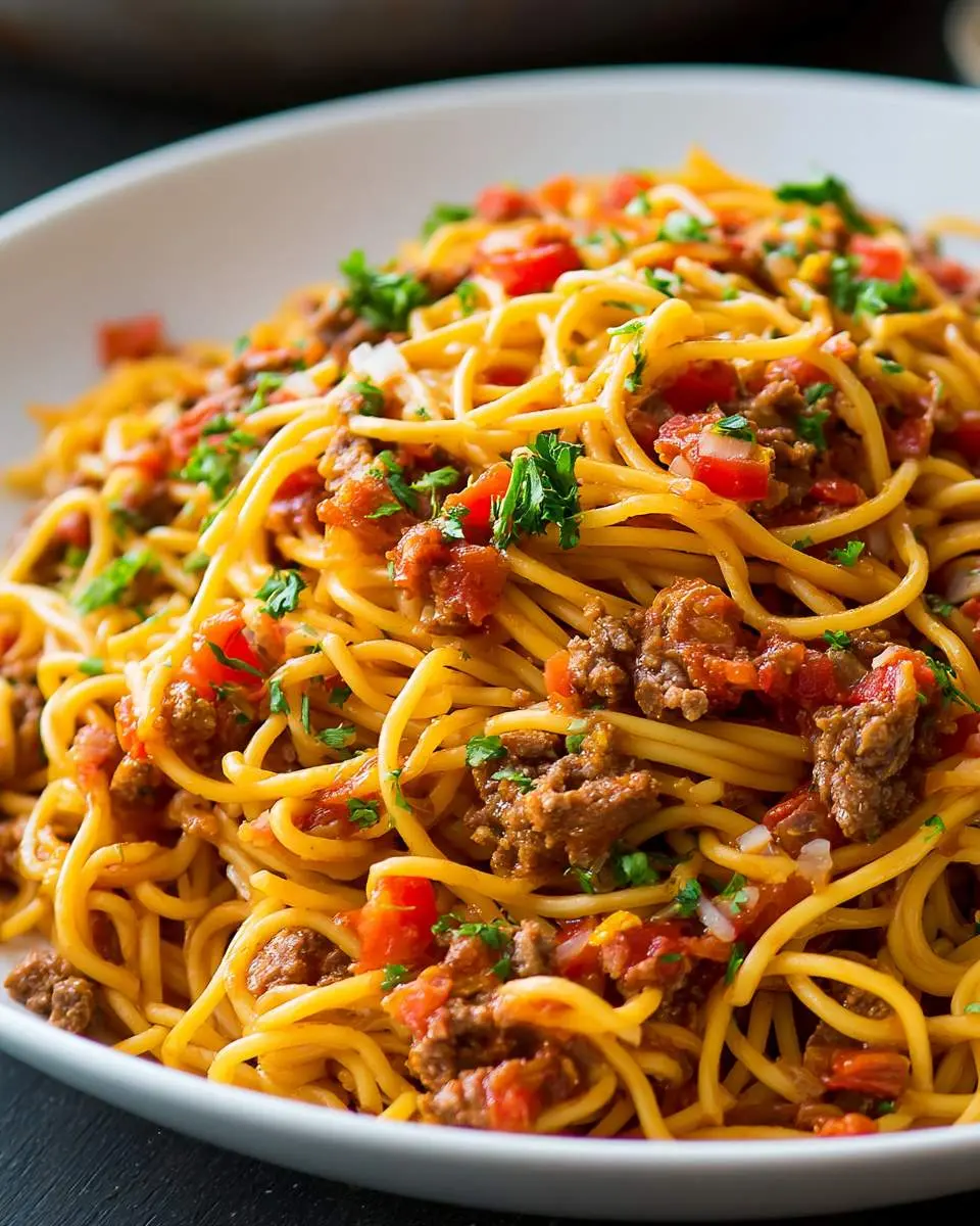 A white bowl filled with One Pot Taco Spaghetti topped with fresh parsley, ground beef, and diced tomatoes.