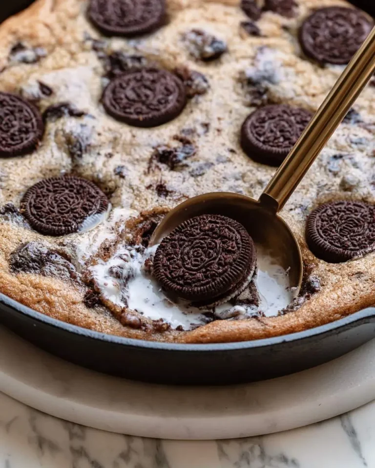 A golden spoon scooping into a warm Oreo Cookie Skillet with melted cream and chocolate cookies on top.