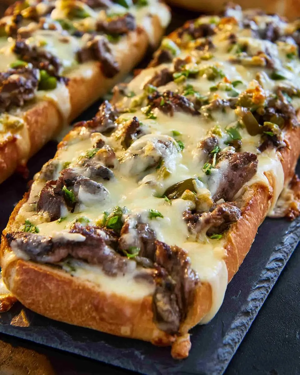 Philly Cheesesteak Garlic Bread topped with melted cheese, sliced steak, and fresh herbs on a toasted baguette.