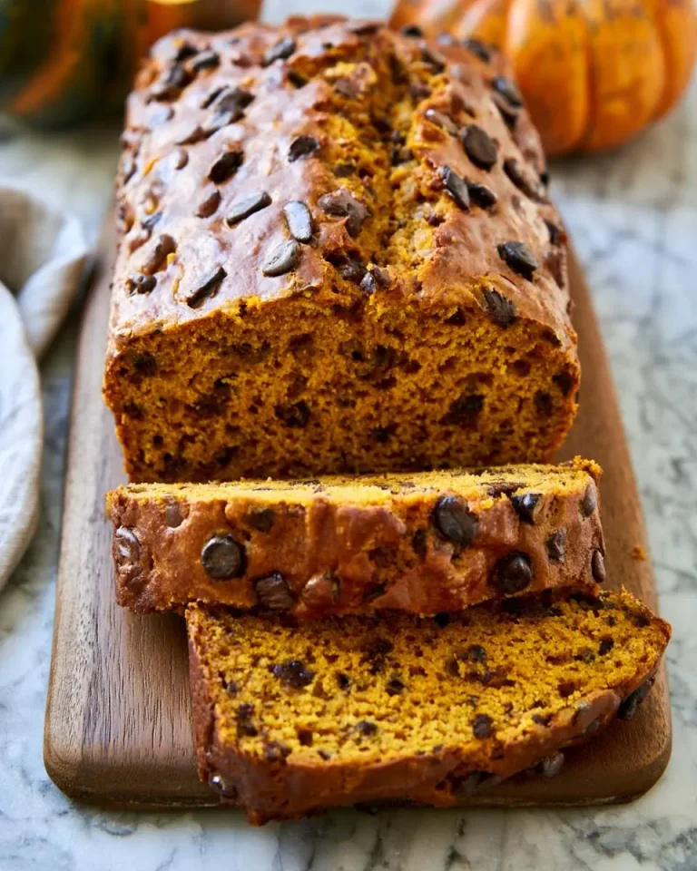 A loaf of freshly baked pumpkin banana bread studded with chocolate chips, sliced on a wooden cutting board with mini pumpkins in the background.