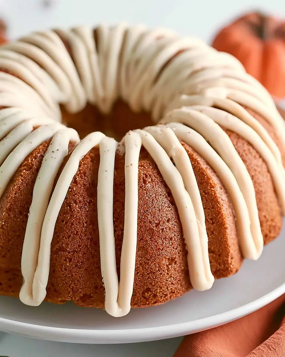 A beautifully glazed Pumpkin Bundt Cake with creamy white icing drizzled on top, displayed on a white cake stand.
