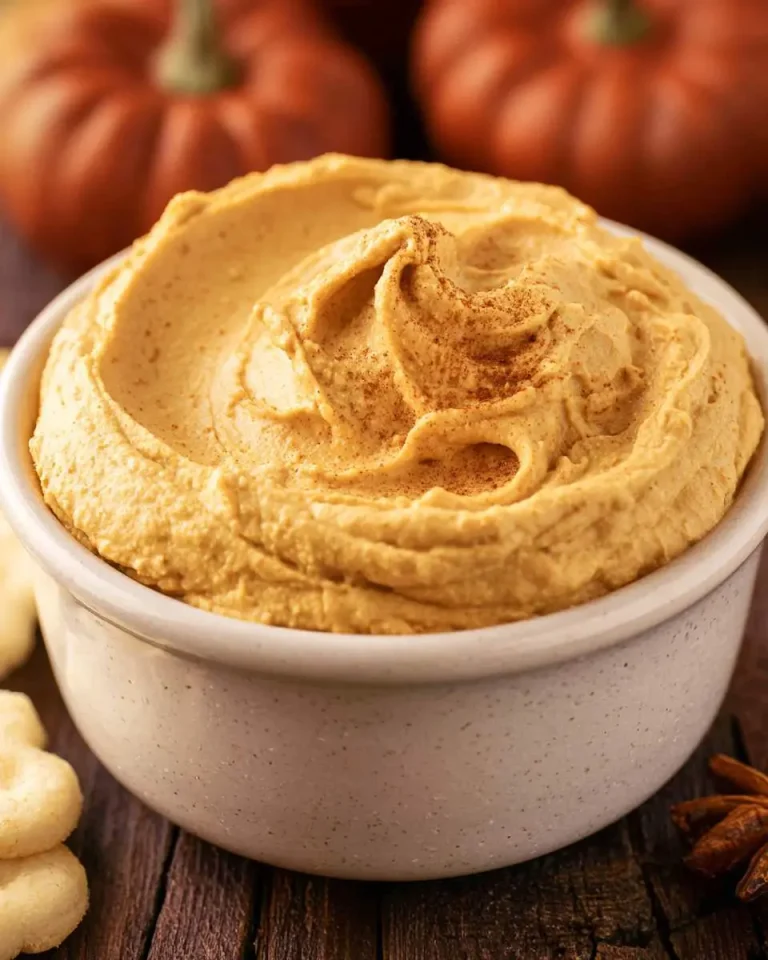 Creamy pumpkin dip swirled in a white bowl, dusted with cinnamon, with small pumpkins in the background.