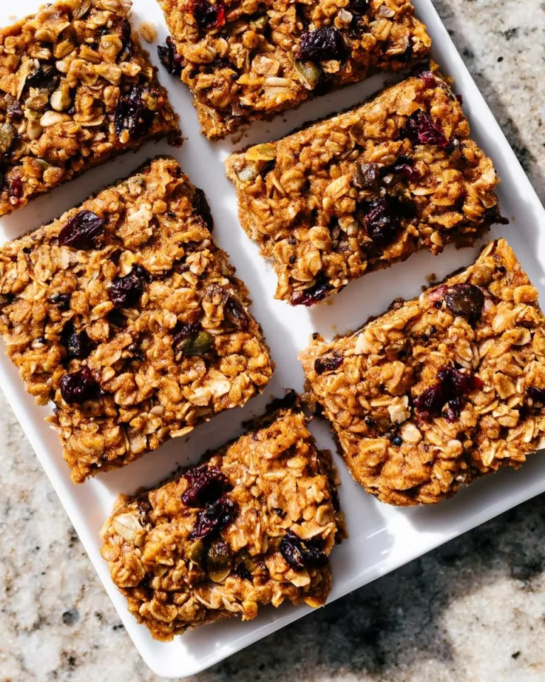 Homemade pumpkin granola bars with oats, dried cranberries, and seeds arranged on a white rectangular plate.