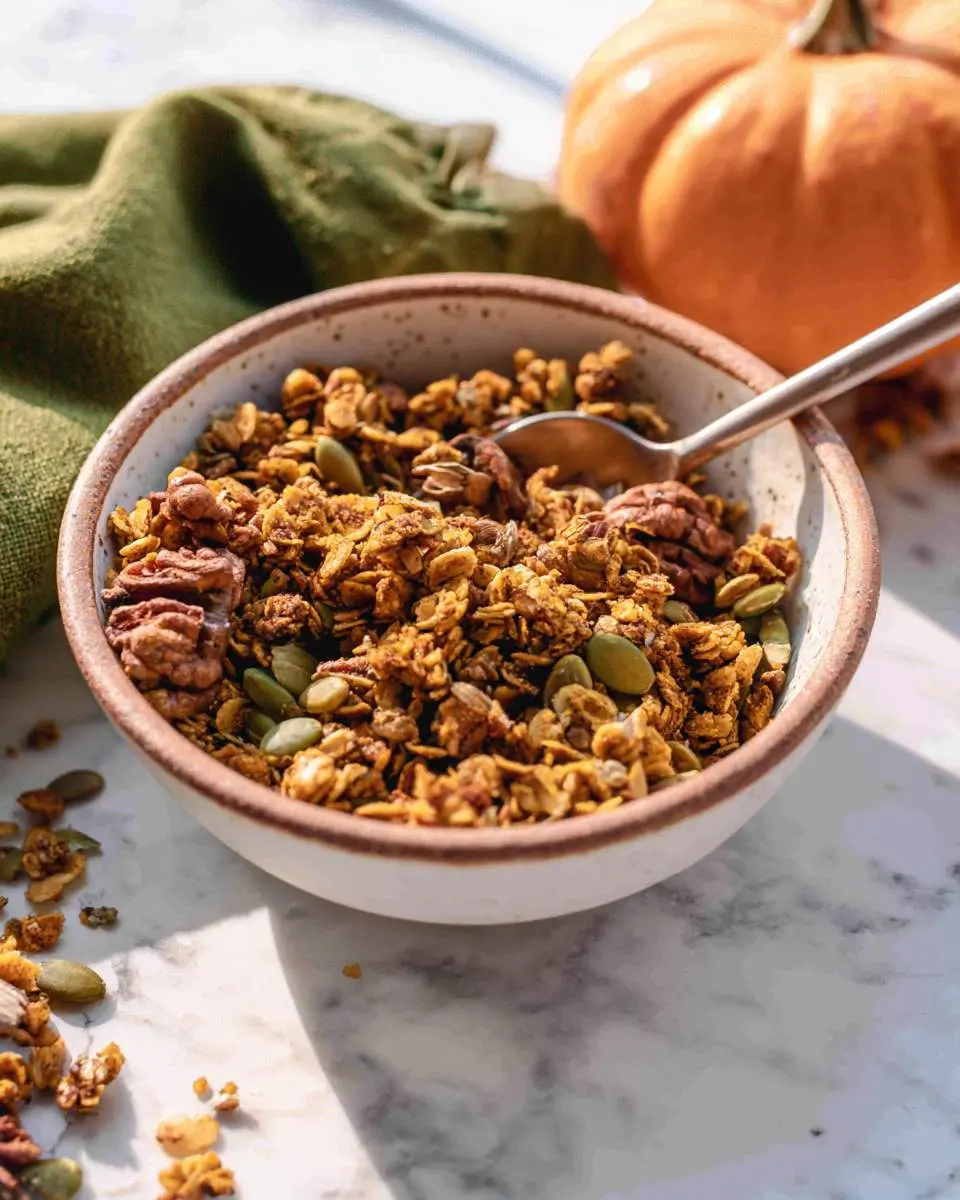 A ceramic bowl filled with crunchy Pumpkin Granola featuring oats, pecans, and pepitas sits on a marble surface with a small pumpkin in the background.