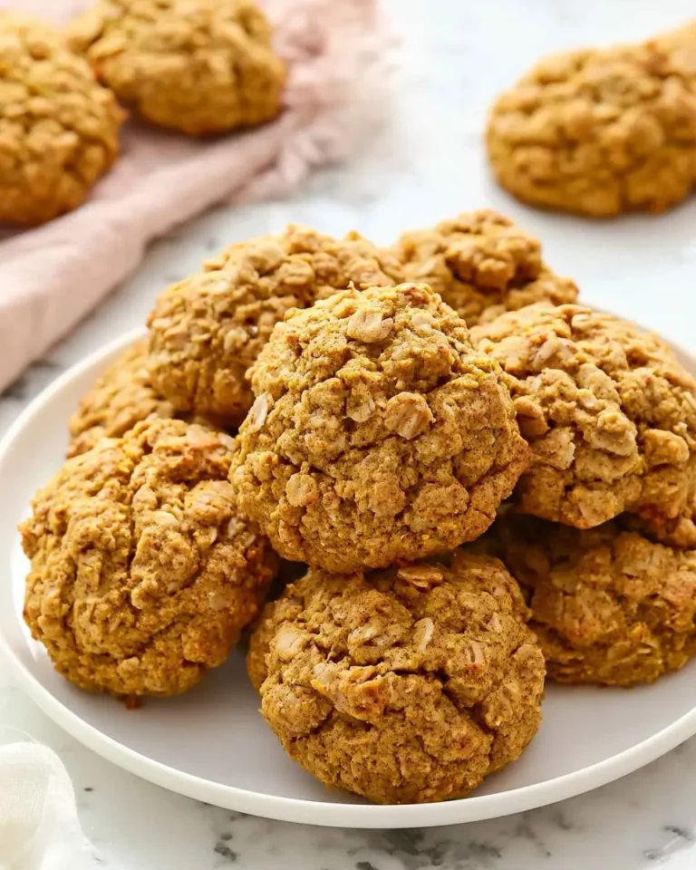 A stack of soft and chewy Pumpkin Oatmeal Cookies on a white plate with more cookies in the background.