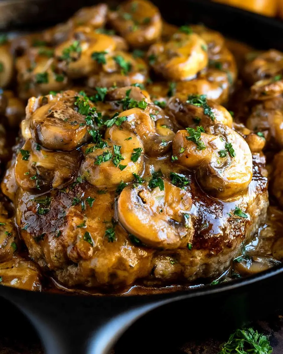 Salisbury Steak with Mushrooms smothered in rich gravy and garnished with fresh herbs in a cast iron skillet.