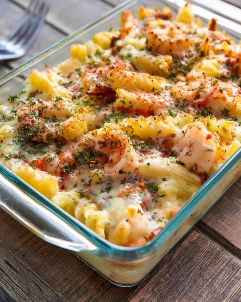 A creamy Seafood Pasta Bake with shrimp, melted cheese, and herbs in a glass baking dish on a wooden table.
