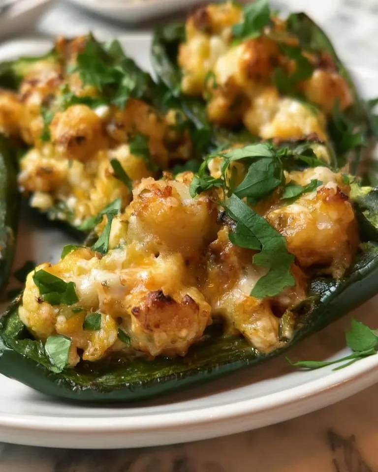 Three golden-baked Shrimp Stuffed Poblano Peppers topped with fresh cilantro on a white plate.